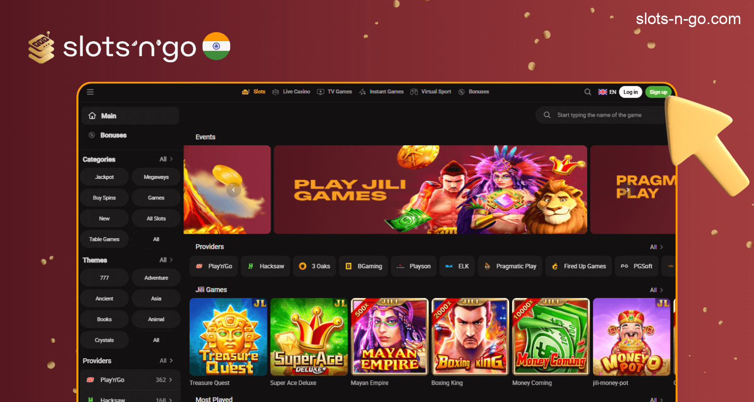 Go to the Slots’n’go Casino India homepage and click on the green ‘Sign Up’ button